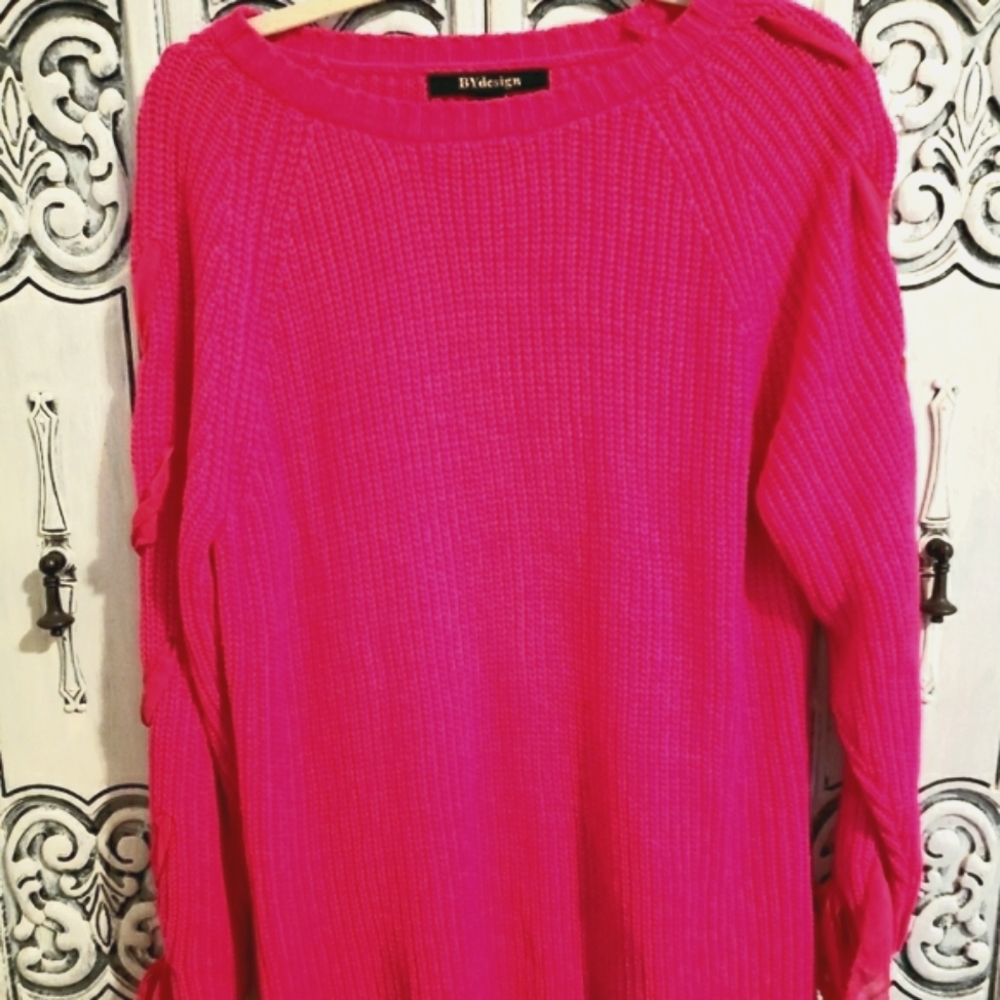 Hot pink lace up sleeve sweater